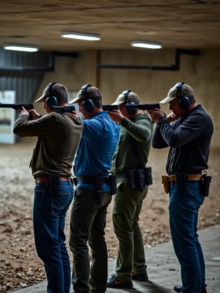 A group of shooters at BALL TRAP CLUB LAZENAY, wearing safety gear and attentively listening to instructions from a certified coach, emphasizing the club's commitment to safety.