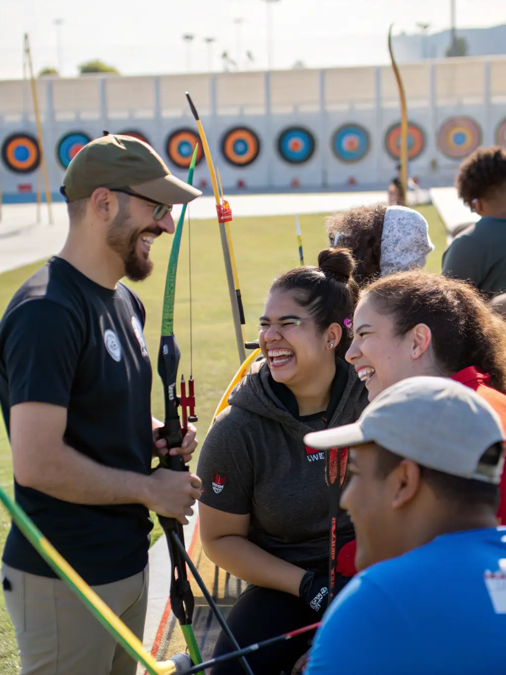 A diverse group of members at BALL TRAP CLUB LAZENAY, socializing and sharing experiences after a shooting session, highlighting the club's community aspect.