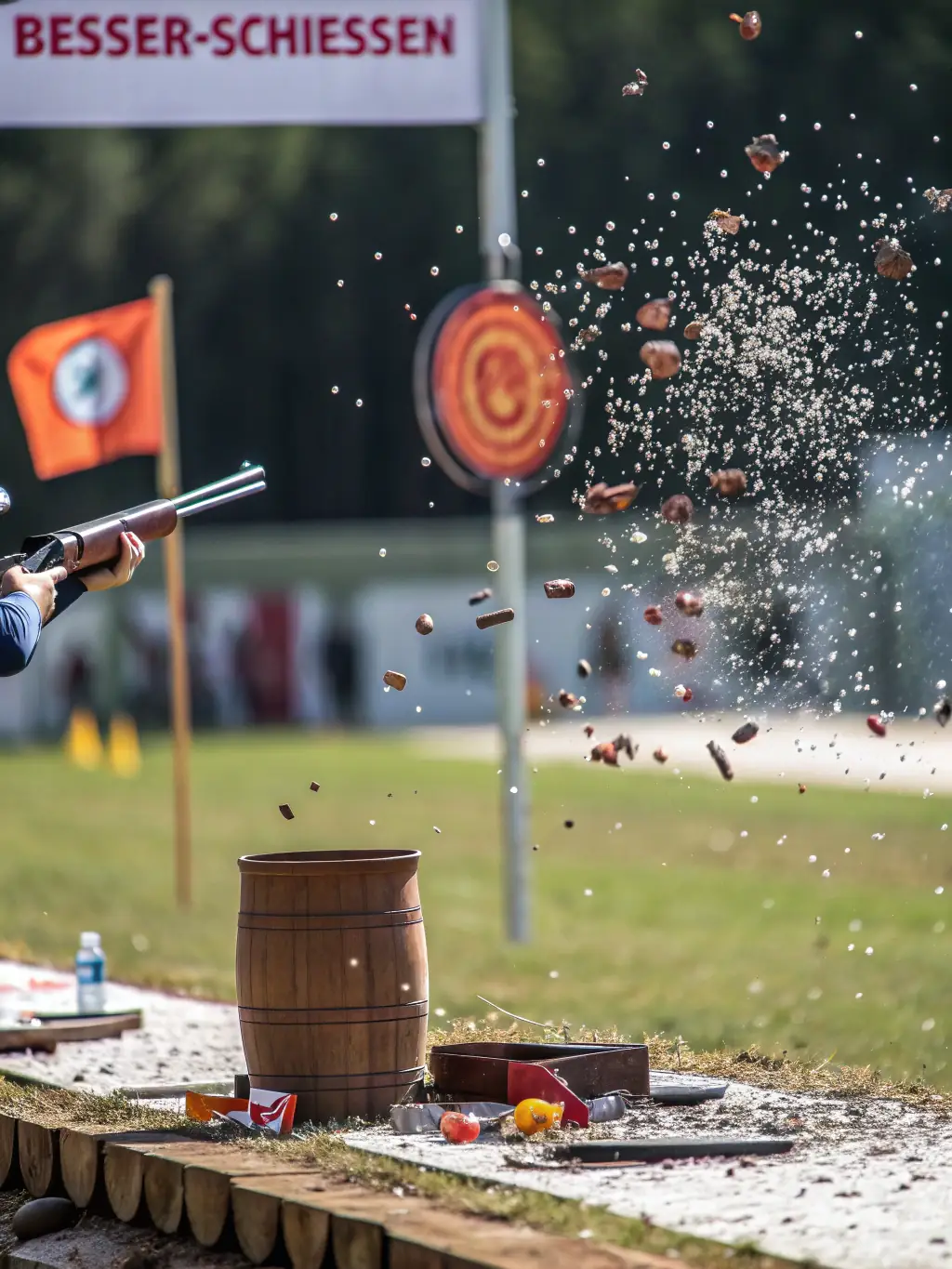 A close-up shot of a clay target exploding mid-air after being hit by shotgun pellets, symbolizing the precision and skill involved in ball trap shooting at BALL TRAP CLUB LAZENAY.