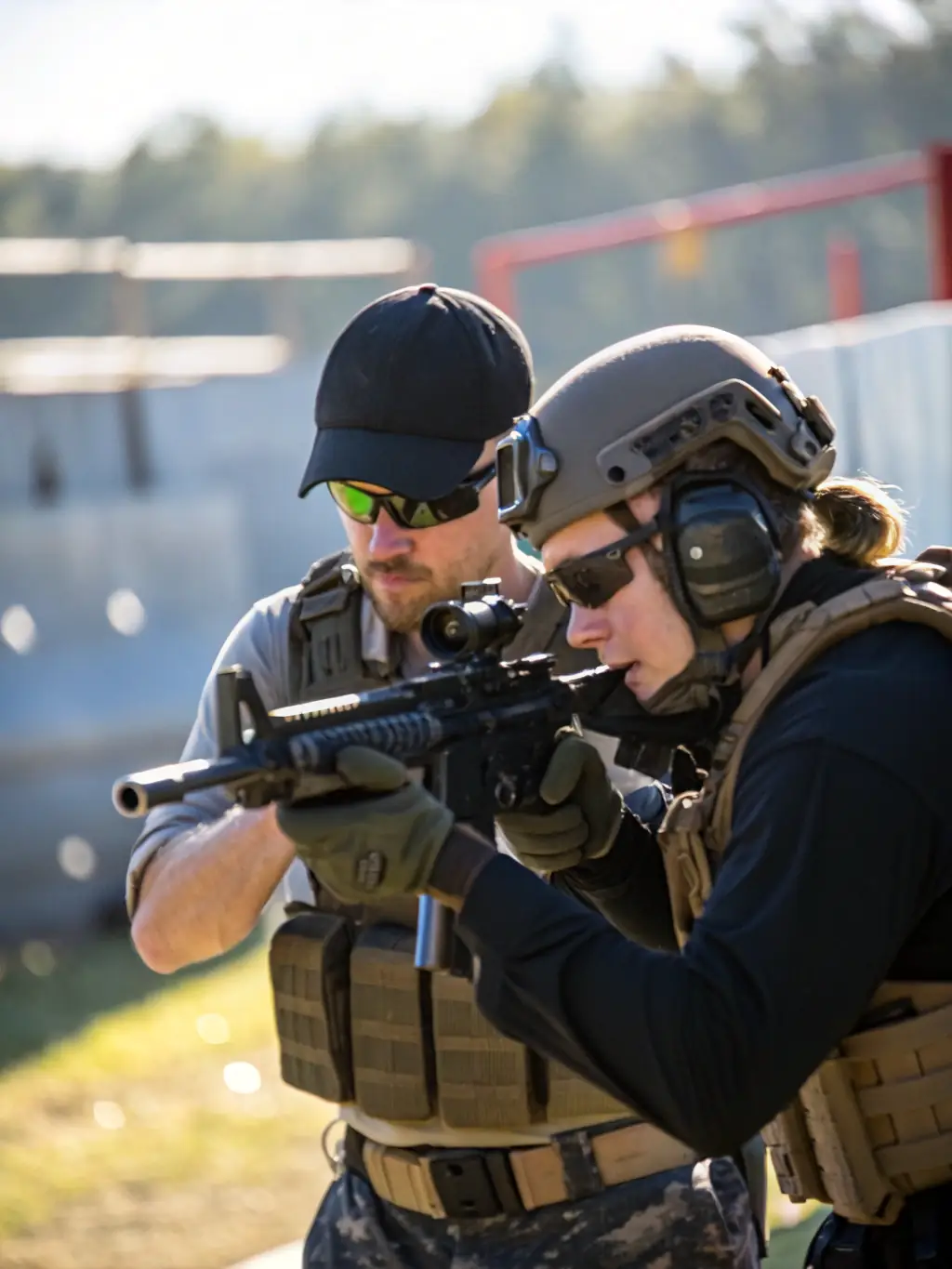 A close-up shot of an experienced shooting instructor guiding a new member on proper stance and aiming techniques at the BALL TRAP CLUB LAZENAY.